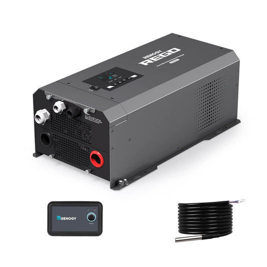 Renogy REGO 12V 3000W inverter charger with LCD display, gray casing, red and black connectors, and included remote control.
