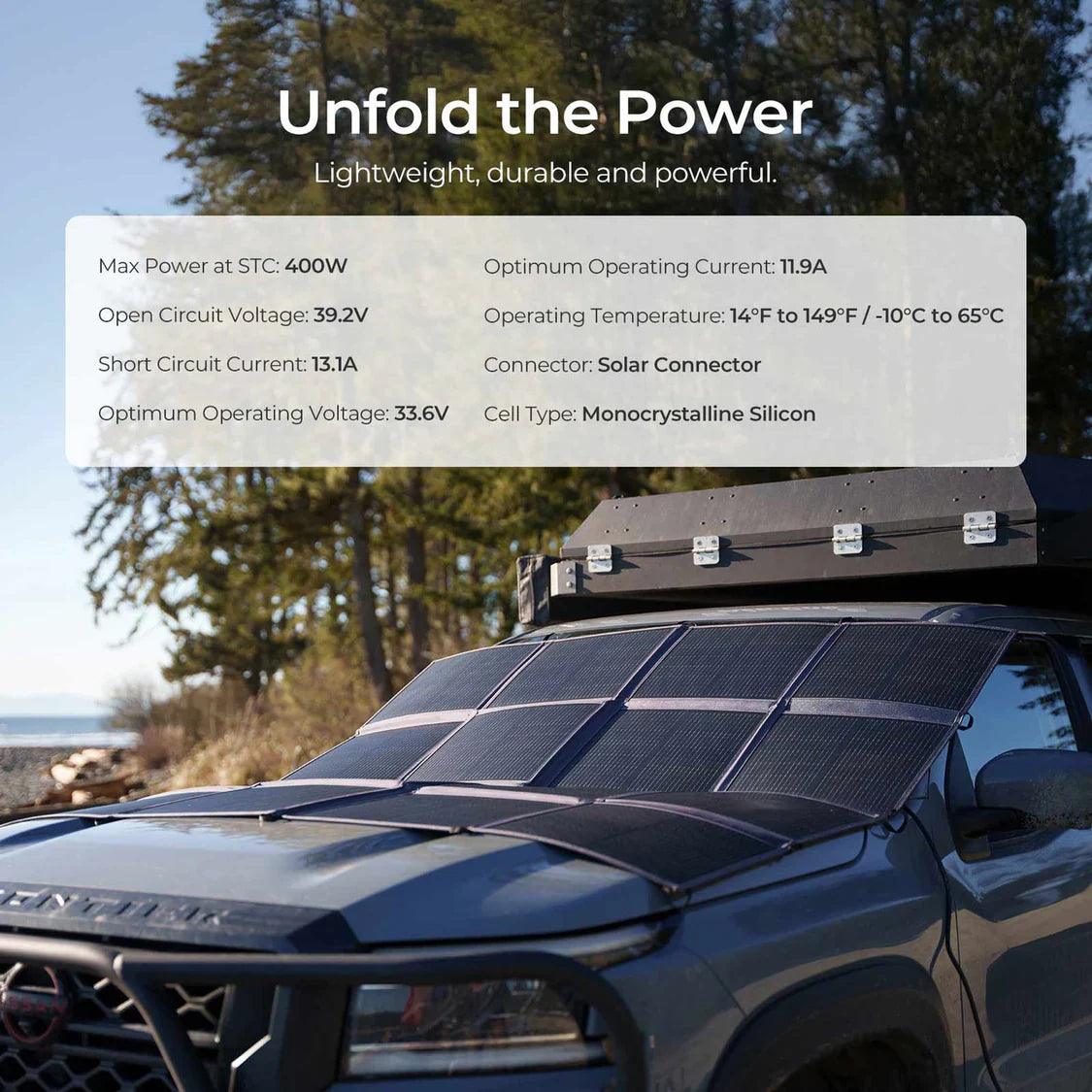 Portable monocrystalline solar panel kit mounted on vehicle hood in outdoor setting