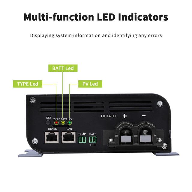 Rover Boost 10A MPPT Solar Charge Controller; features LED indicators, multiple output ports, and a sleek black design.
