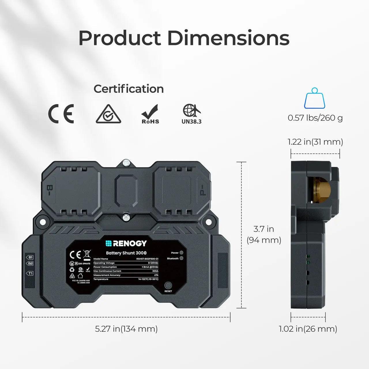 Renogy Battery Shunt 300 Smart Battery Monitor for SOC, Voltage & Current Tracking