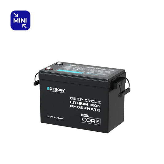 Compact black Renogy Core Mini 12V 200Ah LiFePO4 deep cycle battery with side handles and labeling on the top.