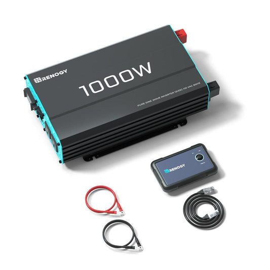 Renogy 1000W 12V Pure Sine Wave Inverter in black with teal accents, includes remote control and battery cables.