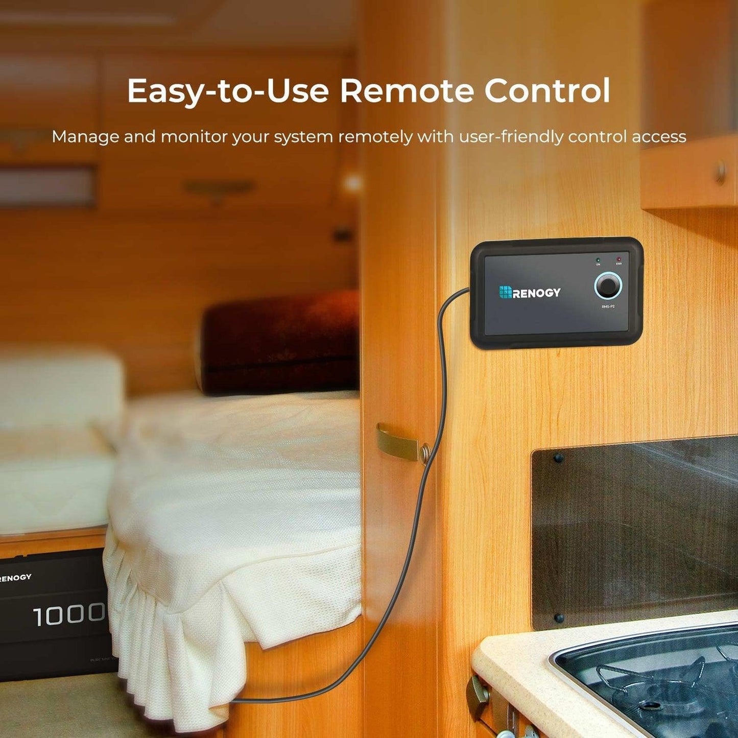 Remote control mounted on a wooden surface with a cable, set in a cozy interior with a bed and kitchen area in the background.