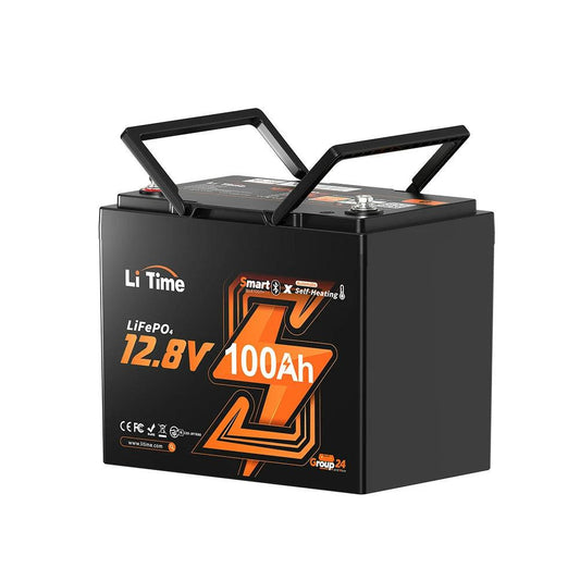 Compact black LiTime 12V 100Ah Lithium Iron Phosphate battery with Bluetooth monitoring, featuring handles for easy transport.