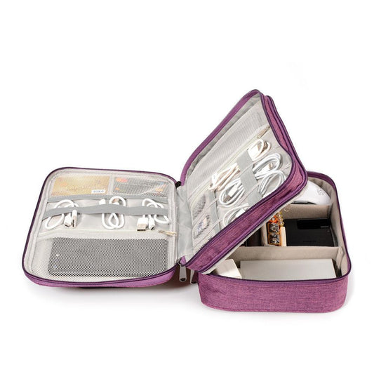 Purple travel case organizer open, storing charging cables, power bank, and small electronics