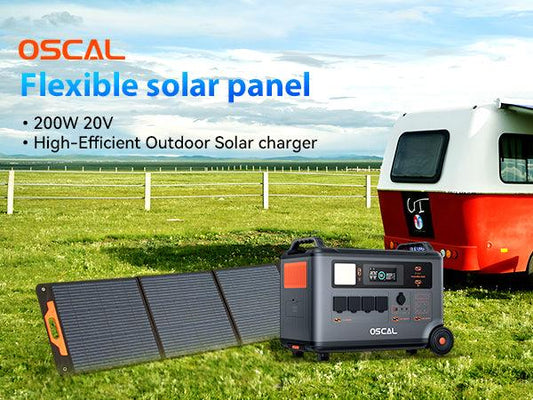 Flexible solar panel and portable generator for outdoor use near a camper trailer on grass