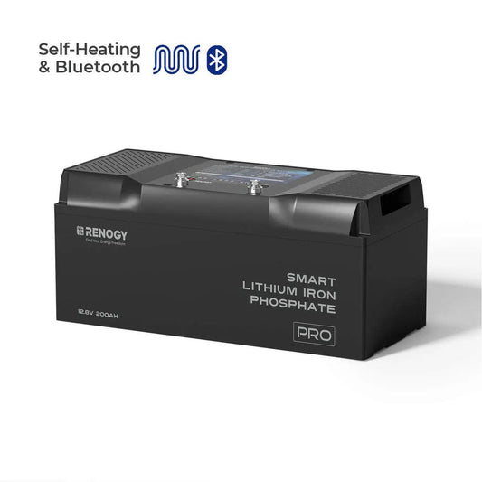 Black Renogy Pro 12V 200Ah lithium iron phosphate battery featuring a top display, terminals, and a textured design.