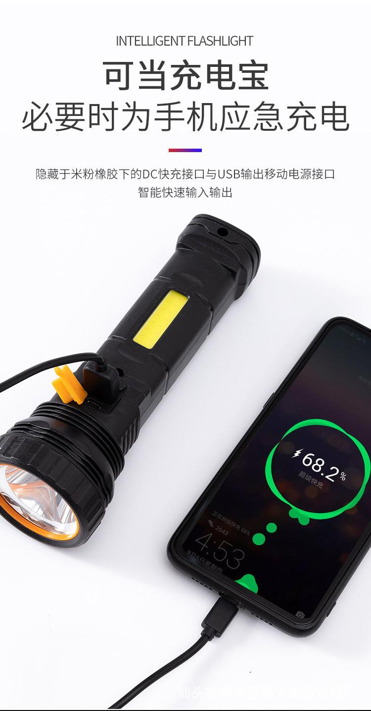 Black handheld solar flashlight with a bright lens, USB charging capability, and illuminated power indicator.