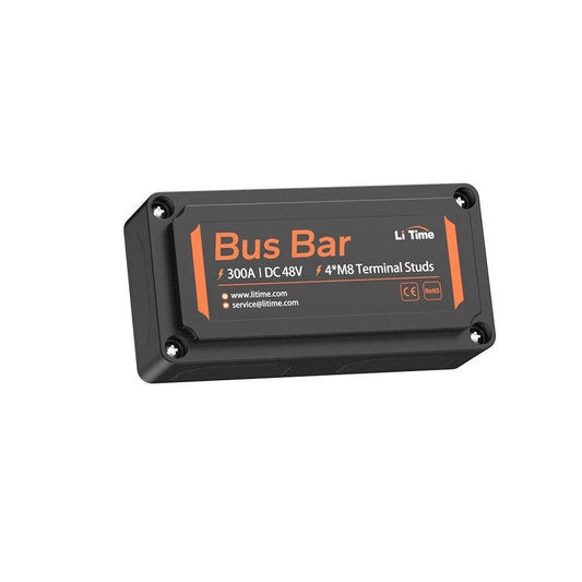 LiTime 300A Battery Bus Bar in black with orange text, featuring four terminal studs for high-current battery connections.