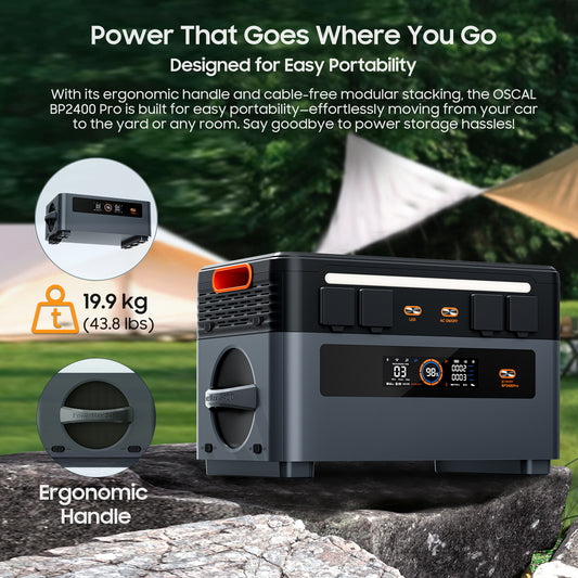Portable solar generator with ergonomic handle, digital display, and outdoor camping background