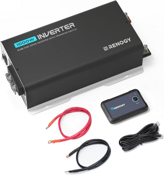 Renogy PUH 12V 1000W Pure Sine Wave Inverter in black with UPS transfer switch, includes control panel and cables.