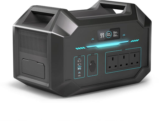 Portable power station with a durable black body, featuring multiple USB ports, three AC outlets, and a display for monitoring battery status.