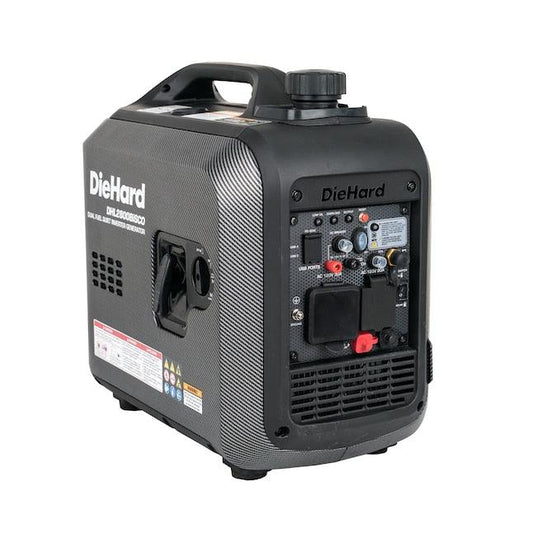 Black and silver DieHard 2800W dual fuel inverter generator with side control panel, USB ports, and integrated carry handle.