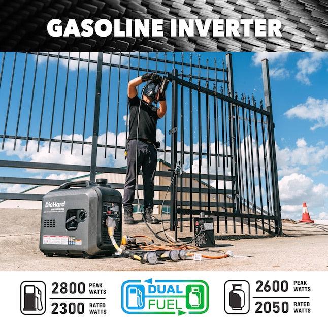 2800W DieHard dual fuel inverter generator with a compact design, used on a job site with a worker welding nearby.