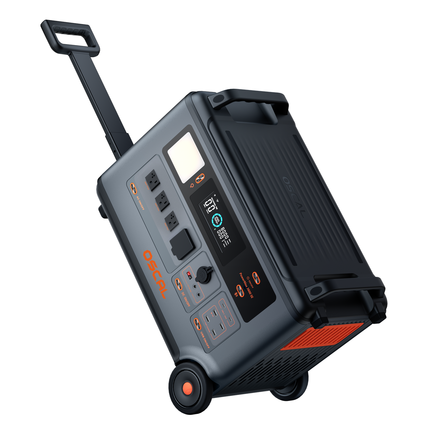 Portable solar generator with digital display, multiple power outlets, and pull handle