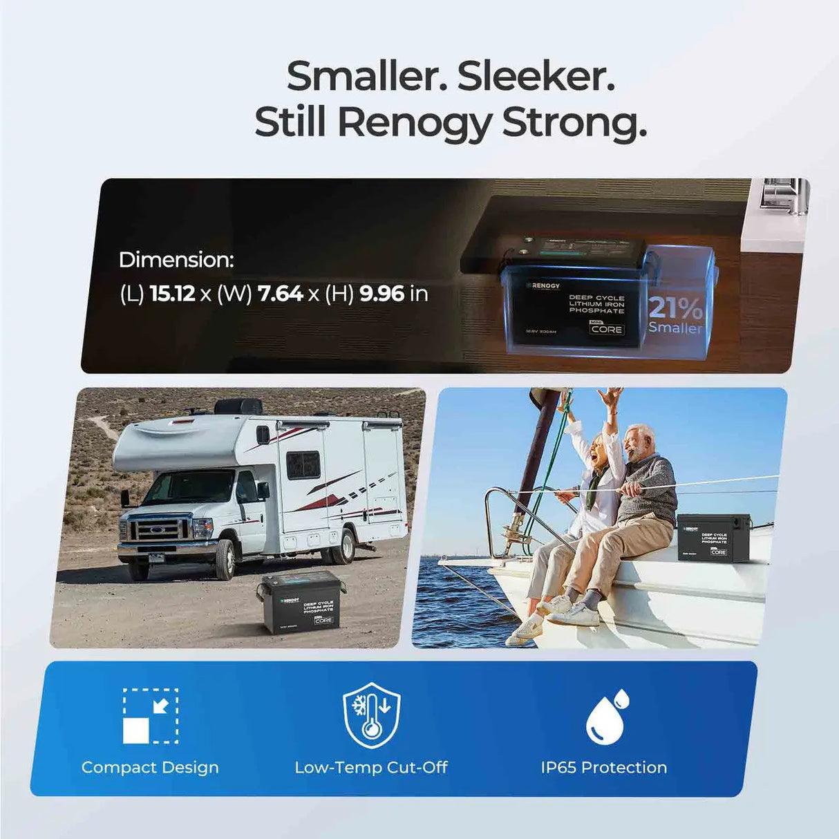 Compact Renogy Core Mini 12V 200Ah LiFePO4 battery displayed alongside an RV and a boat, showcasing cold-weather performance.