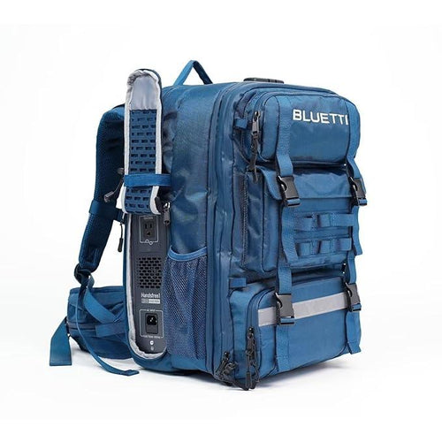 Rugged blue 42L backpack with a side access panel for portable power stations, padded straps, and waterproof fabric.
