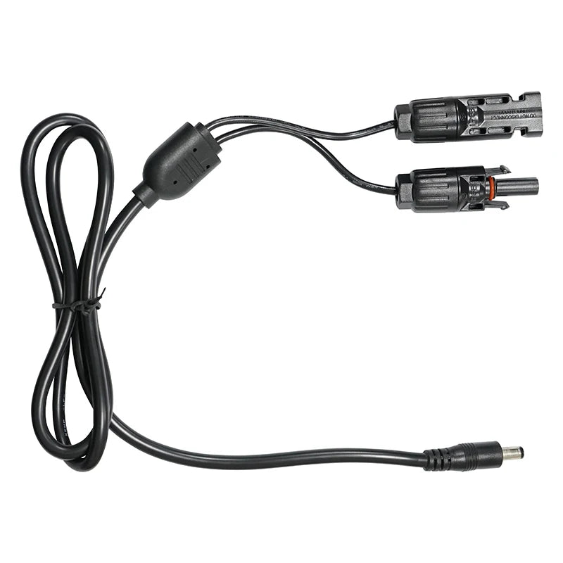 Solar panel connector adapter cable with black male and female connectors, featuring a 5.5mm x 2.1mm DC output for power stations.