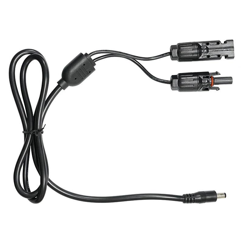 Solar panel connector adapter cable with black male and female connectors, featuring a 5.5mm x 2.1mm DC output for power stations.