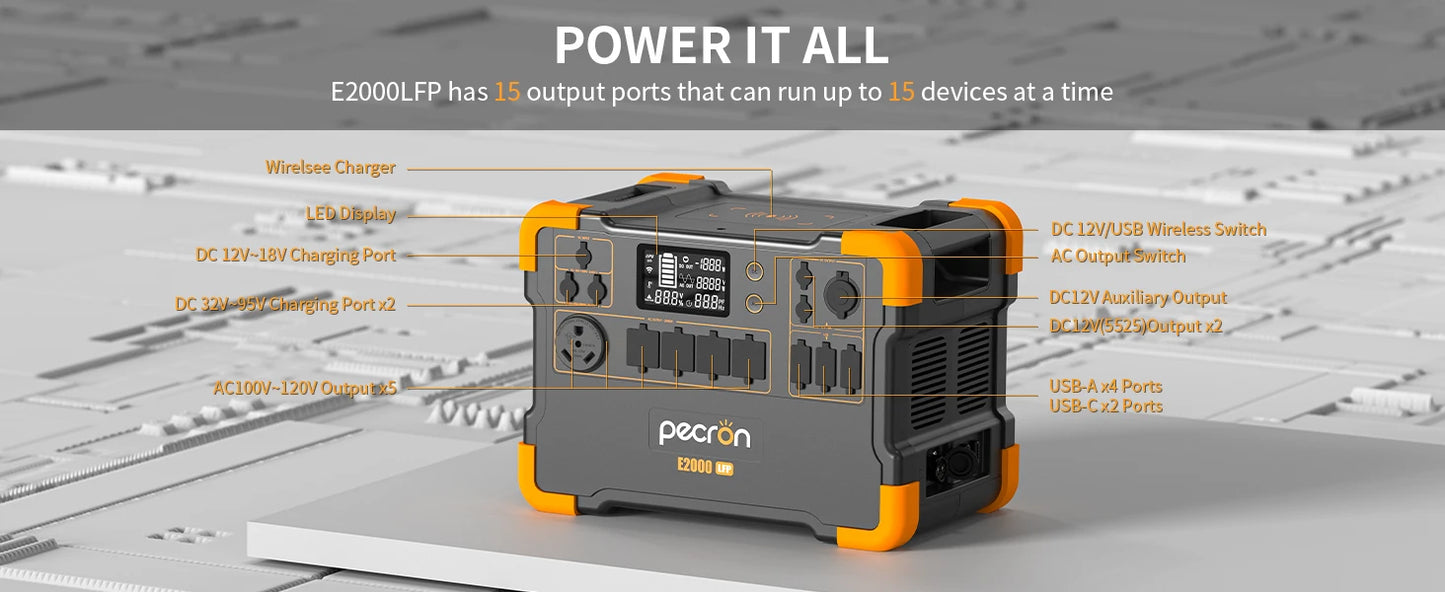 Pecron E2000LFP Portable Power Station 1920Wh Expandable to 8064Wh LiFePO4 Battery 2000W Solar Generator for Home, Camping, RV - SolarFlares Generators