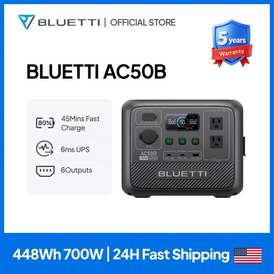 Compact BLUETTI AC50B power station in gray with multiple outputs, display screen, and lightweight design for outdoor use.