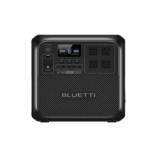 BLUETTI AC180 Solar Portable Power Station with a black finish, featuring an LCD display and multiple output ports.