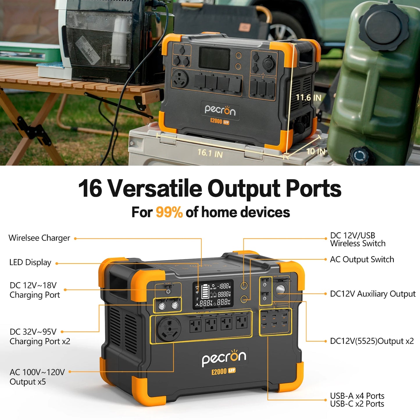 Pecron E2000LFP Portable Power Station 1920Wh Expandable to 8064Wh LiFePO4 Battery 2000W Solar Generator for Home, Camping, RV - SolarFlares Generators