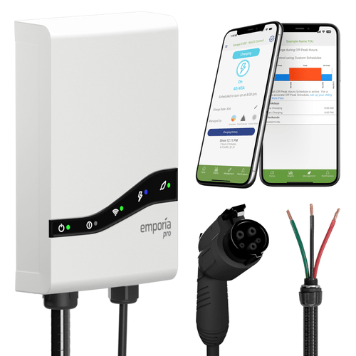 Emporia Pro 48A hardwired EV charger in white with J1772 connector and 25 ft charging cable