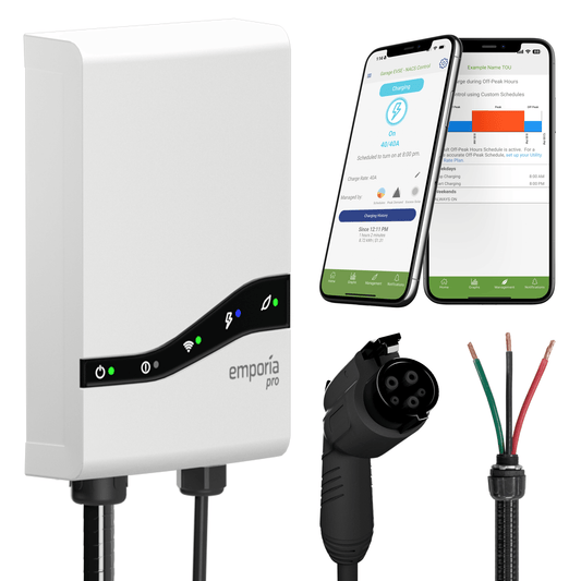 Emporia Pro 48A hardwired EV charger in white with J1772 connector and 25 ft charging cable