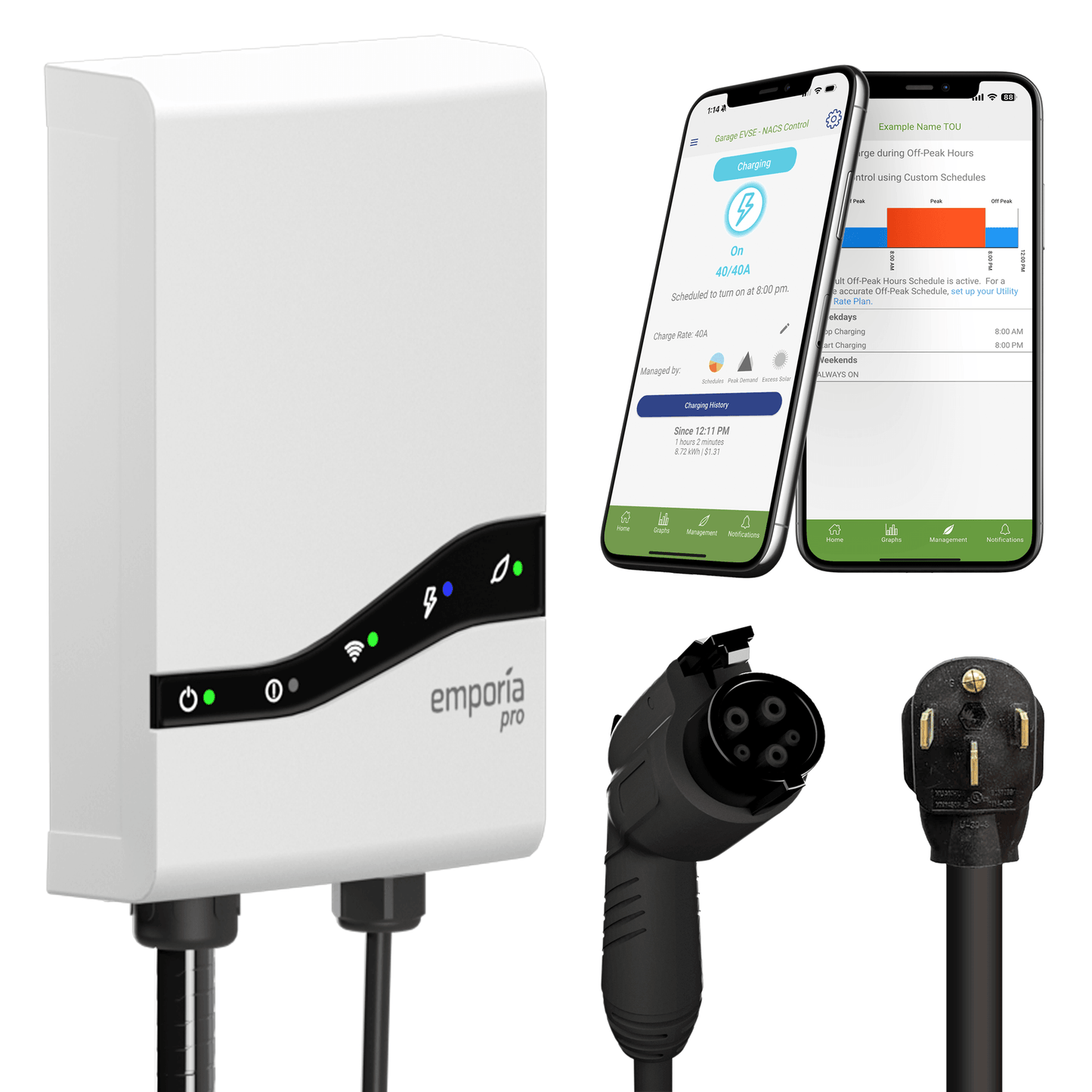 Emporia Pro EV charger with J1772 plug, NEMA connector, and smartphone app interface shown