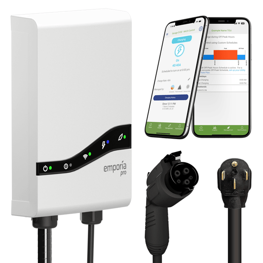 Emporia Pro EV Charger in white with J1772 connector, 40A NEMA 14-50 plug, 25 ft cable and wall holster