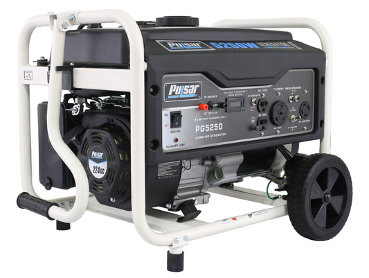 Side view of a portable Pulsar PG5250 gasoline generator with control panel and wheels.