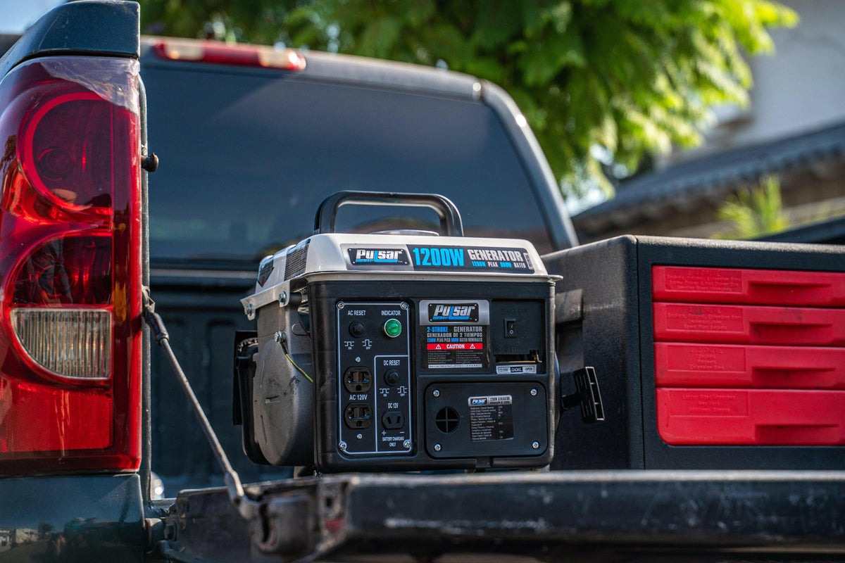 Portable 1200W generator on a truck bed, ideal for SolarFlares Generators renewable energy solutions