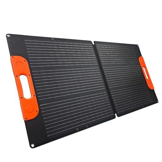110W foldable solar panel with MC4 output, grey finish, compact folding bag design for camping and portable power