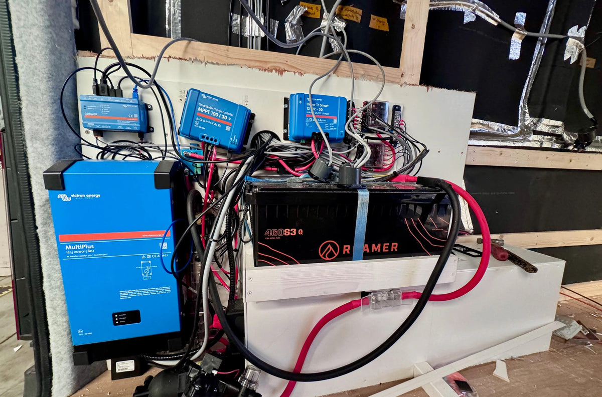LiTime 300A Battery Bus Bar shown mounted to a wall with multiple cables and components for battery connections.