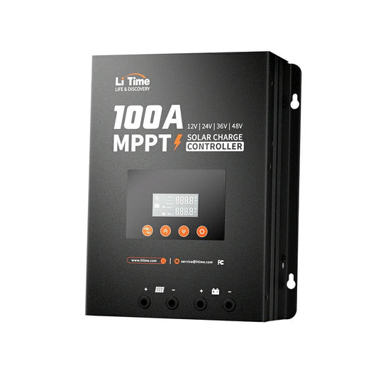 LiTime 100A MPPT Solar Charge Controller in black features an LCD screen and multiple connection ports for efficient charging.
