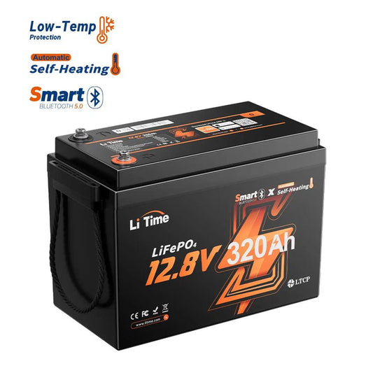 Compact black battery with orange accents, labeled "LiFePO4 12.8V 320Ah," featuring terminals and a handle for portability.