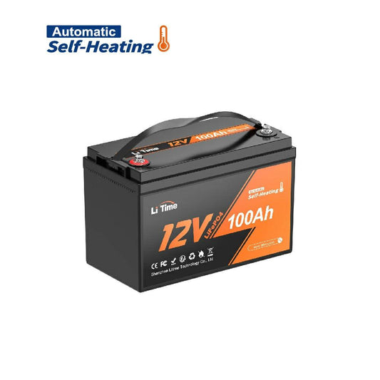 LiTime 12V 100Ah self-heating lithium battery, black exterior with orange accents, designed for cold weather use.