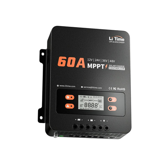 Black solar charge controller with a digital display, labeled "60A MPPT," supporting 12V to 48V systems.