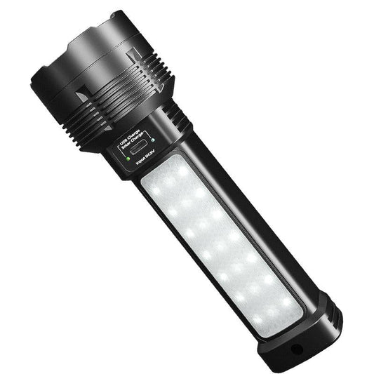 Handheld black solar flashlight featuring a USB charging port, 100,000 lumens output, and LED source for outdoor use.