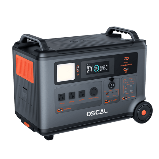 Portable power station with a rugged gray exterior, multiple outlets, and a display screen; features two wheels and a handle for mobility.