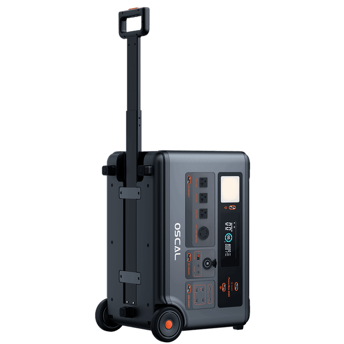 Expandable OSCAL PowerMax 6000 portable power station with a sleek design, handle, and multiple charging ports.