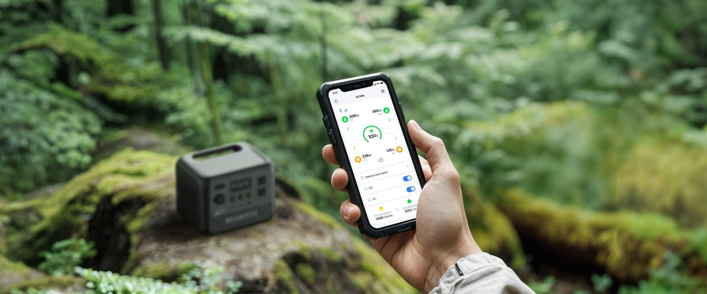 Compact black BLUETTI AC50B Portable Power Station placed on a mossy log, with a hand holding a smartphone displaying its app.