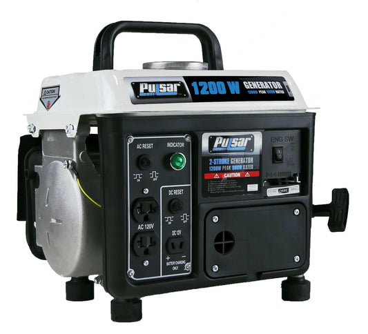 Pulsar 1200W portable generator with control panel, outlets, and handle, ideal for backup power.
