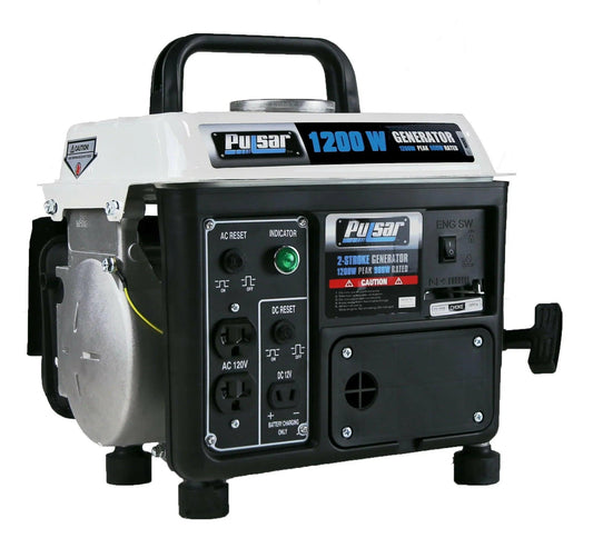 Pulsar 1200W portable generator with control panel, outlets, and handle, ideal for backup power.