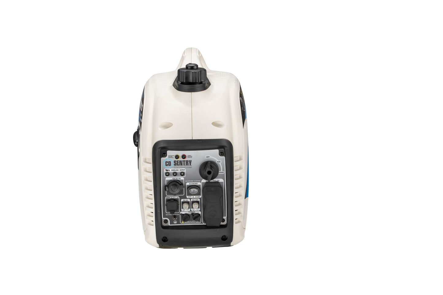 Portable inverter generator with control panel, multiple power outlets, and compact design