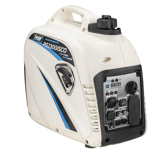 Pulsar G2319N 2300W portable inverter generator in white and gray with a carry handle, showcasing control panel and CO shutoff feature.