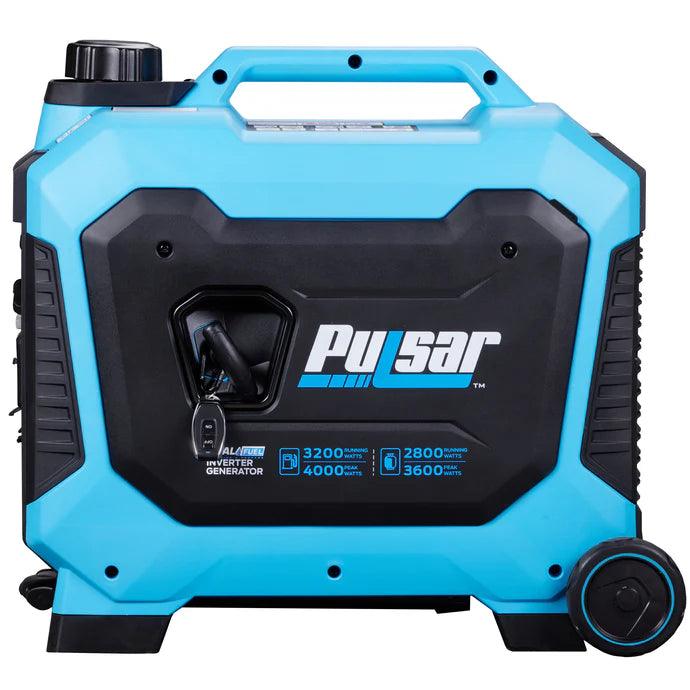 Pulsar 4000W dual fuel inverter generator in blue and black, featuring a compact design with wheels for portability.