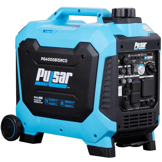 Pulsar 4000W Dual Fuel Inverter Generator in blue and black with wheels, electric start, and CO Sentry safety features.
