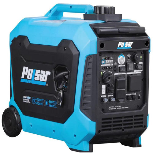 Pulsar PG5000BCO dual fuel inverter generator in blue, featuring a remote start and CO Sentry detection system.